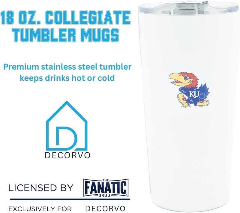Decorvo Officially Licensed Collegiate Stainless Steel Tumbler - Double Walled Insulated Travel Tumbler with Slide Lid - 18 oz (Kansas - White) - Image 4
